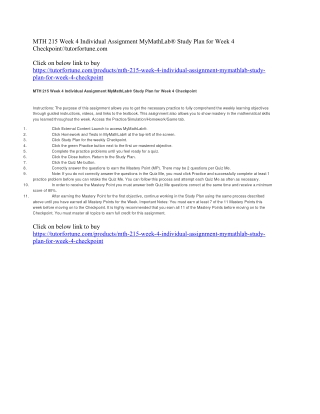 MTH 215 Week 4 Individual Assignment MyMathLab® Study Plan for Week 4 Checkpoint//tutorfortune.com