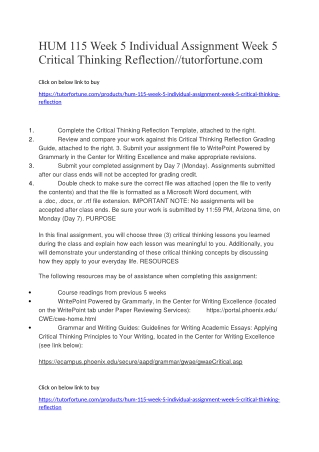 HUM 115 Week 5 Individual Assignment Week 5 Critical Thinking Reflection//tutorfortune.com