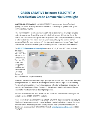 GREEN CREATIVE Releases SELECTFIT, A Specification Grade Commercial Downlight