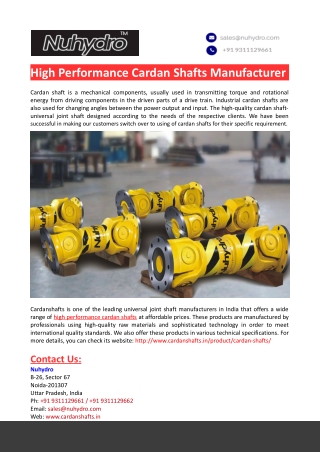 High Performance Cardan Shafts Manufacturer
