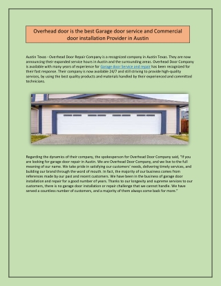 Overhead door is the best Garage door service and Commercial door installation Provider in Austin