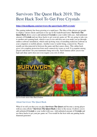 Survivors The Quest Hack 2019, The Best Hack Tool To Get Free Crystals