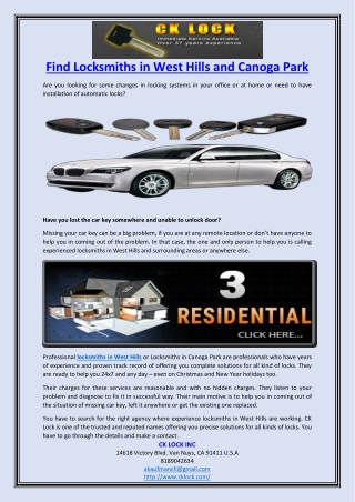 Find Locksmiths in West Hills and Canoga Park