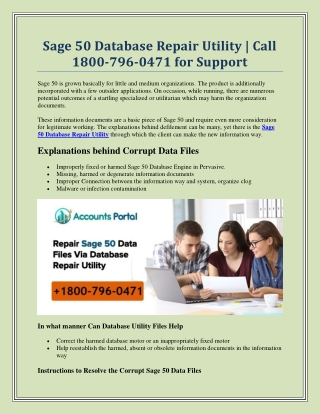 Sage 50 Database Repair Utility | Call 1800-796-0471 for Support