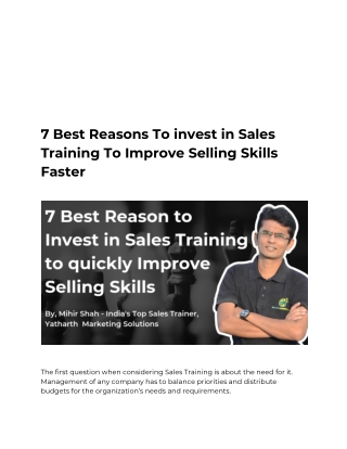 7 Best Reasons To invest in Sales Training To Improve Selling Skills Faster