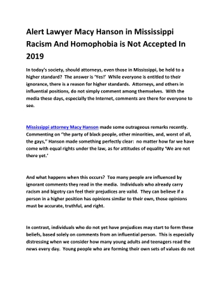 Alert Lawyer Macy Hanson in Mississippi Racism And Homophobia is Not Accepted In 2019