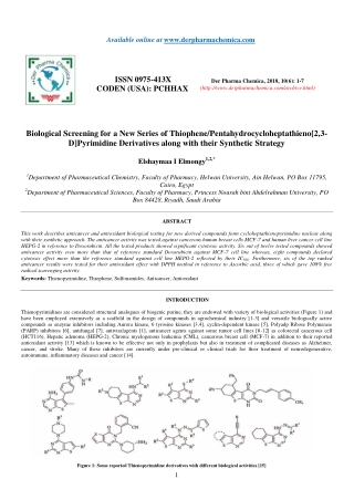 Biological Screening for a New Series of Thiophene/Pentahydrocycloheptathieno[2,3- D]Pyrimidine Derivatives along with t