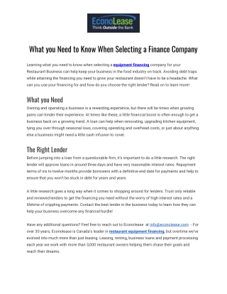 What You Need to Know When Selecting A Finance Company