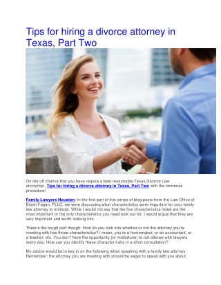 Tips for hiring a divorce attorney in Texas, Part Two