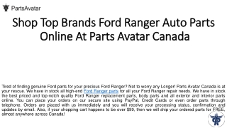Buy Best Ford Ranger Parts Online at Parts Avatar Canada.