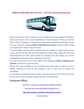 Delhi to Dehradun Bus Service - 24x7 for Luxurious Journey