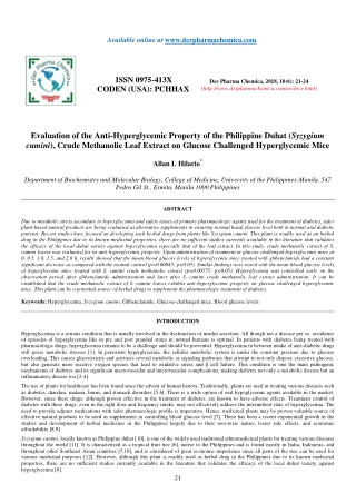 Evaluation of the Anti-Hyperglycemic Property of the Philippine Duhat (Syzygium cumini), Crude Methanolic Leaf Extract o