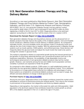 U.S. Next Generation Diabetes Therapy and Drug Delivery Market Expected to Reach $6,510 Million,Globally, by 2023