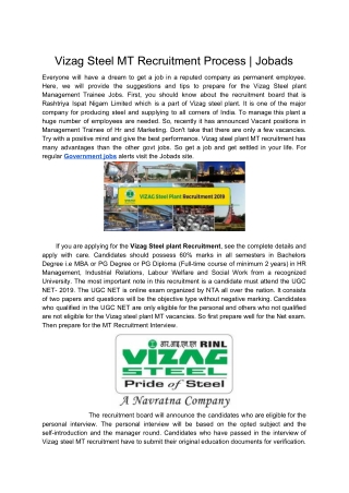Vizag Steel Plant MT Recruitment Process