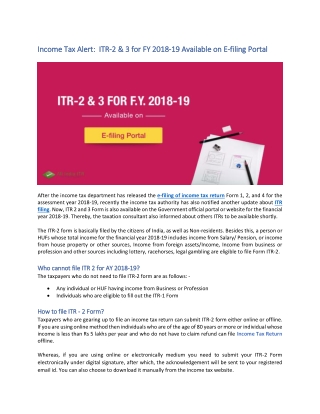 ITR-2 & 3 for FY 2018-19 Available on E-filing Portal