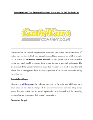Importance of Car Removal Services Auckland to Sell Broken Car