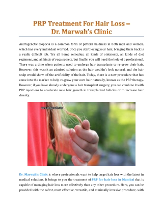 PRP Treatment For Hair Loss - Dr. Marwah's Clinic