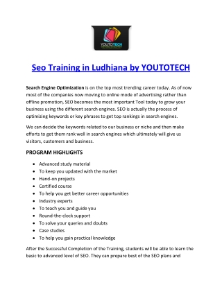 Seo Training in Ludhiana by YOUTOTECH Web Mobile Development