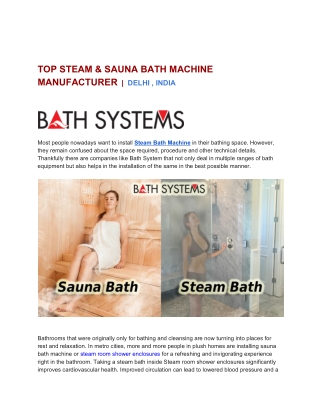 Top Steam and Sauna bath Machine Manufacturer Delhi , India