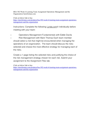 BSA 502 Week 6 Learning Team Assignment Operations Management and the Organization//tutorfortune.com
