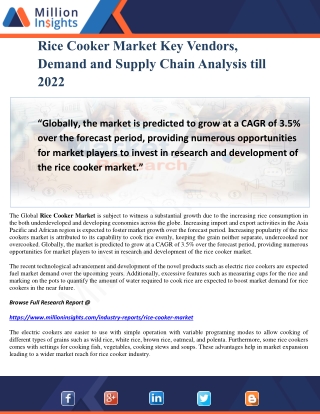 Rice Cooker Market Key Vendors, Demand and Supply Chain Analysis till 2022