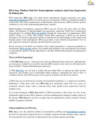 RNA Seq: Modern tool for transcriptome analysis and gene expression in eukaryotes