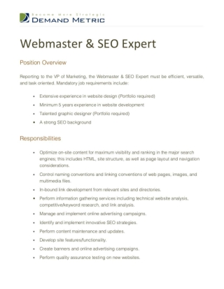 Webmaster & SEO Expert Job Description