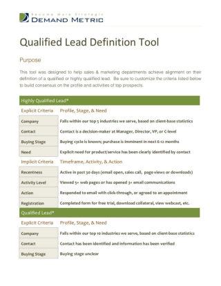 Qualified Lead Definition Tool
