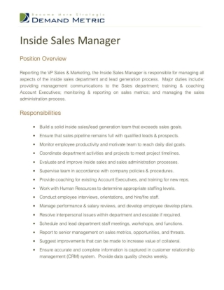 Inside Sales Manager Job Description