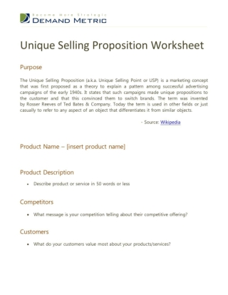 Unique Selling Proposition Worksheet