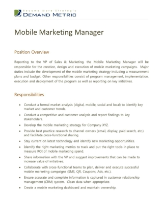 Mobile Marketing Manager Job Description