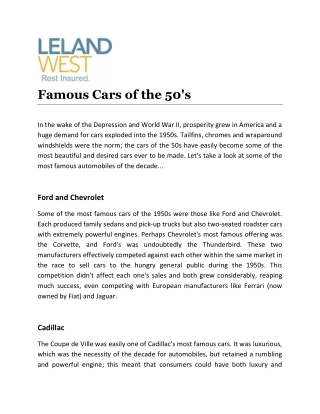 Famous Cars of the 50's