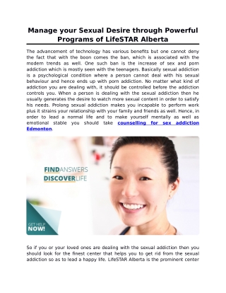Manage your Sexual Desire through Powerful Programs of LifeSTAR Alberta