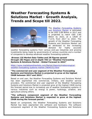Weather Forecasting Systems & Solutions Market - Growth Analysis, Trends and Scope till 2022.