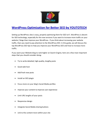 WordPress Optimization for Better SEO by YOUTOTECH WEB MOBILE DEVELOPMENT