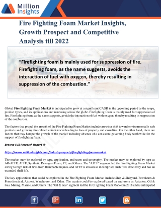 Fire Fighting Foam Market Insights, Growth Prospect and Competitive Analysis till 2022