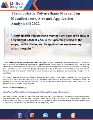 Thermoplastic Polyurethane Market Top Manufacturers, Size and Application Analysis till 2022