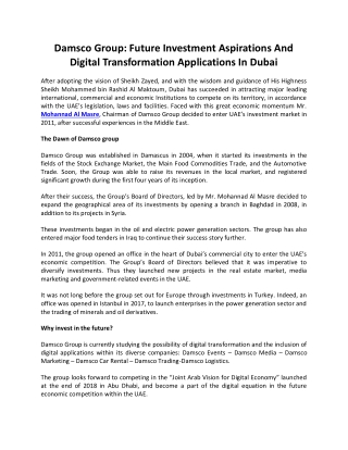 Damsco Group: Future Investment Aspirations and Digital Transformation Applications in Dubai