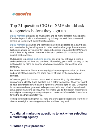 Top 21 question CEO of SME should ask to agencies before they sign up