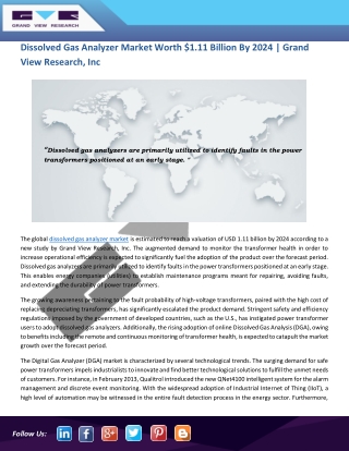 Dissolved Gas Analyzer (DGA) Market Is Going to Hit USD 1.11 Billion By 2024