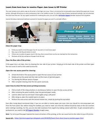 Learn from here how to resolve Paper Jam Issue in HP Printer