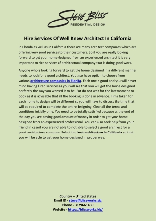 Hire Services Of Well Know Architect In California