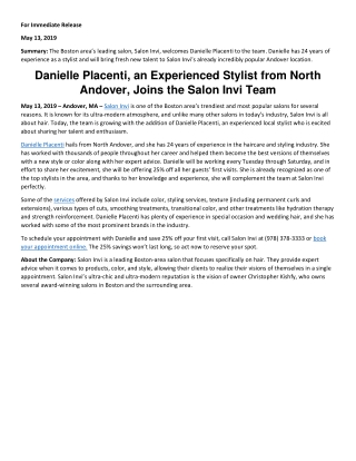 Danielle Placenti, an Experienced Stylist from North Andover, Joins the Salon Invi Team