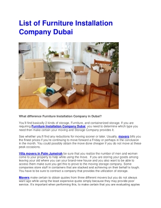 Furniture Installation Company Dubai