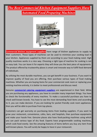 The Best Commercial Kitchen Equipment Suppliers Have Automated Food Preparing Machines