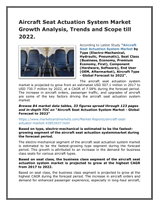 Aircraft Seat Actuation System Market Growth Analysis, Trends and Scope till 2022.