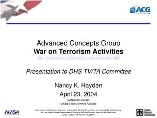 Advanced Concepts Group War on Terrorism Activities sandia/capabilitites/acg/index.html