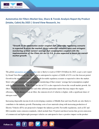 Automotive Air Filters Market Explore Growth Of $9.30 Billion By 2025