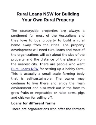Rural Loans NSW for Building Your Own Rural Property