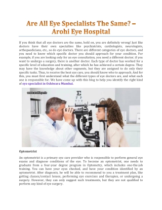 Are All Eye Specialists The Same? - Arohi Eye Hospital